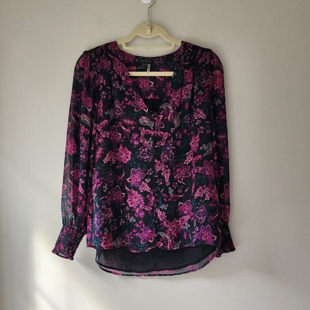 1.STATE Printed Smocked Button-Front Blouse  Medium | Floral | Lined